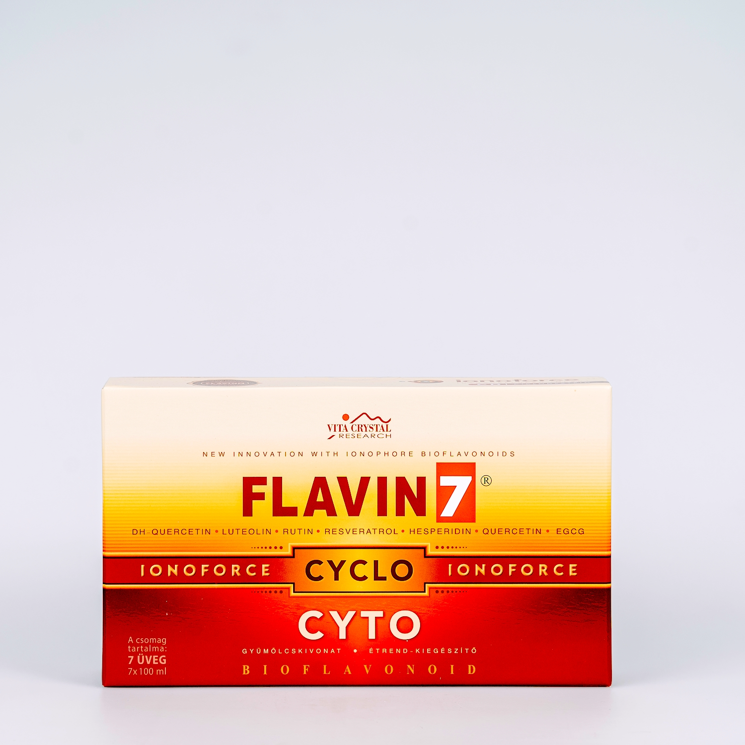 Flacon Flavin7 Cyclo Cyto Vita Crystal cu complex de flavonoide și zinc pentru protecție celulară. Conține 7 sticle individuale, câte 100 de ml.