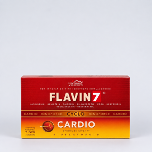 Flavin7 Cyclo Cardio – supliment alimentar natural cu extract de fructe și bioflavonoide (neringenina, genisteina, DH-quercetina, EGCG, hesperidina, isoquercetina, resveratrol), 7 × 100 ml, în cutie roșie și aurie.