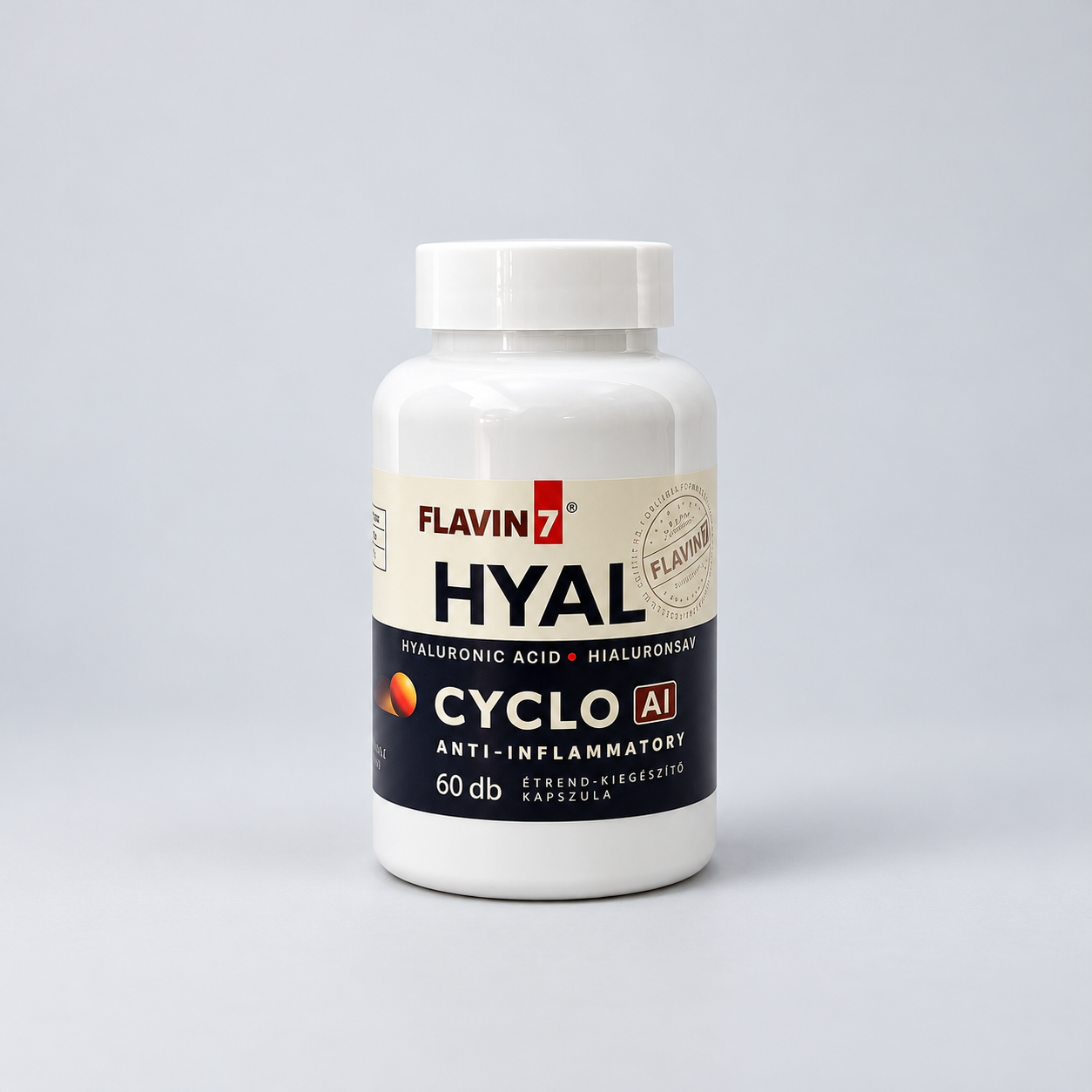 Flavin7 CYCLO HYAL AI, 60 capsule – supliment alimentar natural cu acid hialuronic, ciclodextrină și complex vegetal Flavin7 cu bioflavonoide.