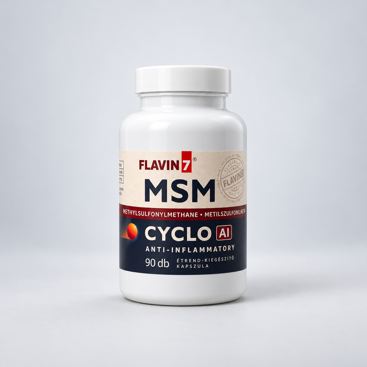 Flavin7 CYCLO MSM AI, 90 capsule – supliment alimentar natural cu metilsulfonilmetan (MSM), un compus care conține sulf organic.